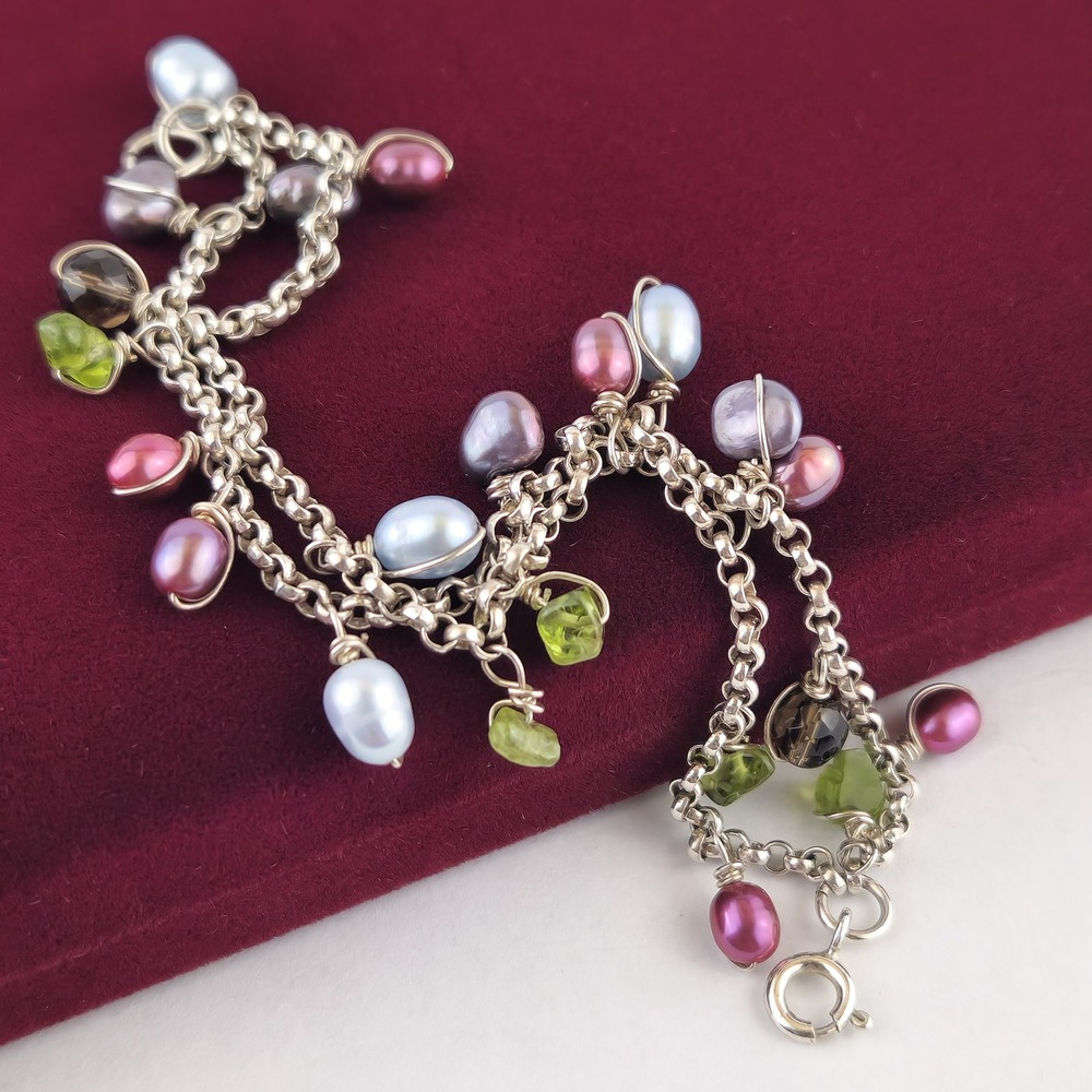 Dangle Bracelet Peridot Pearls Sterling Silver Double Layered Y2K